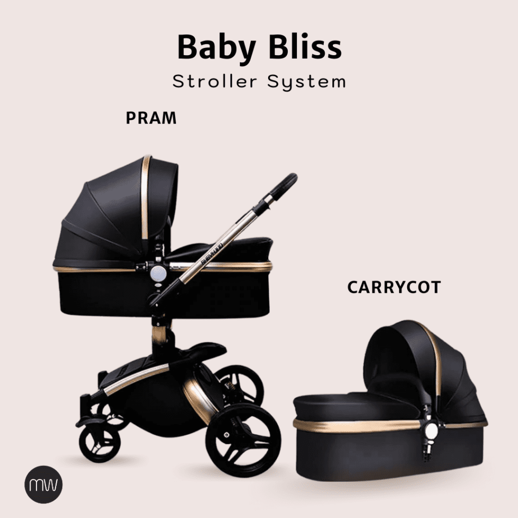 Luxury Baby Stroller System in black color and gold